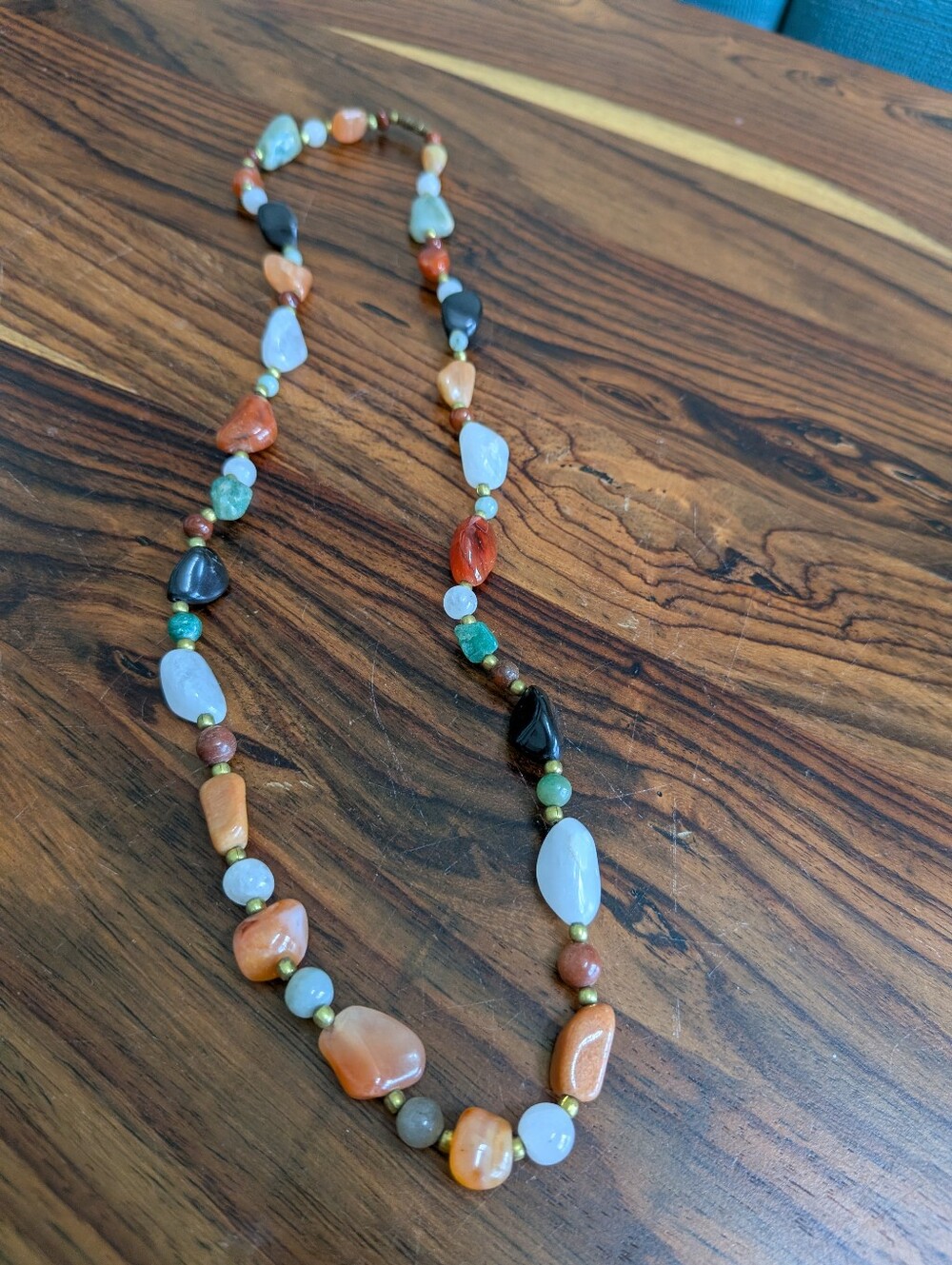 Vintage Multi Color Tumbled Gemstone Nugget Beaded Necklace Boho Jewelry